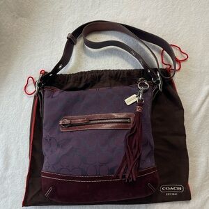 Coach Signature Swingpack Crossbody Bag Plum Jacquard Suede Leather 9362